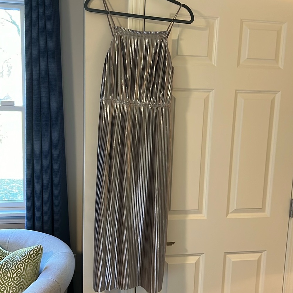 Banana republic strappy midi metallic silver dress, size 4 tall
